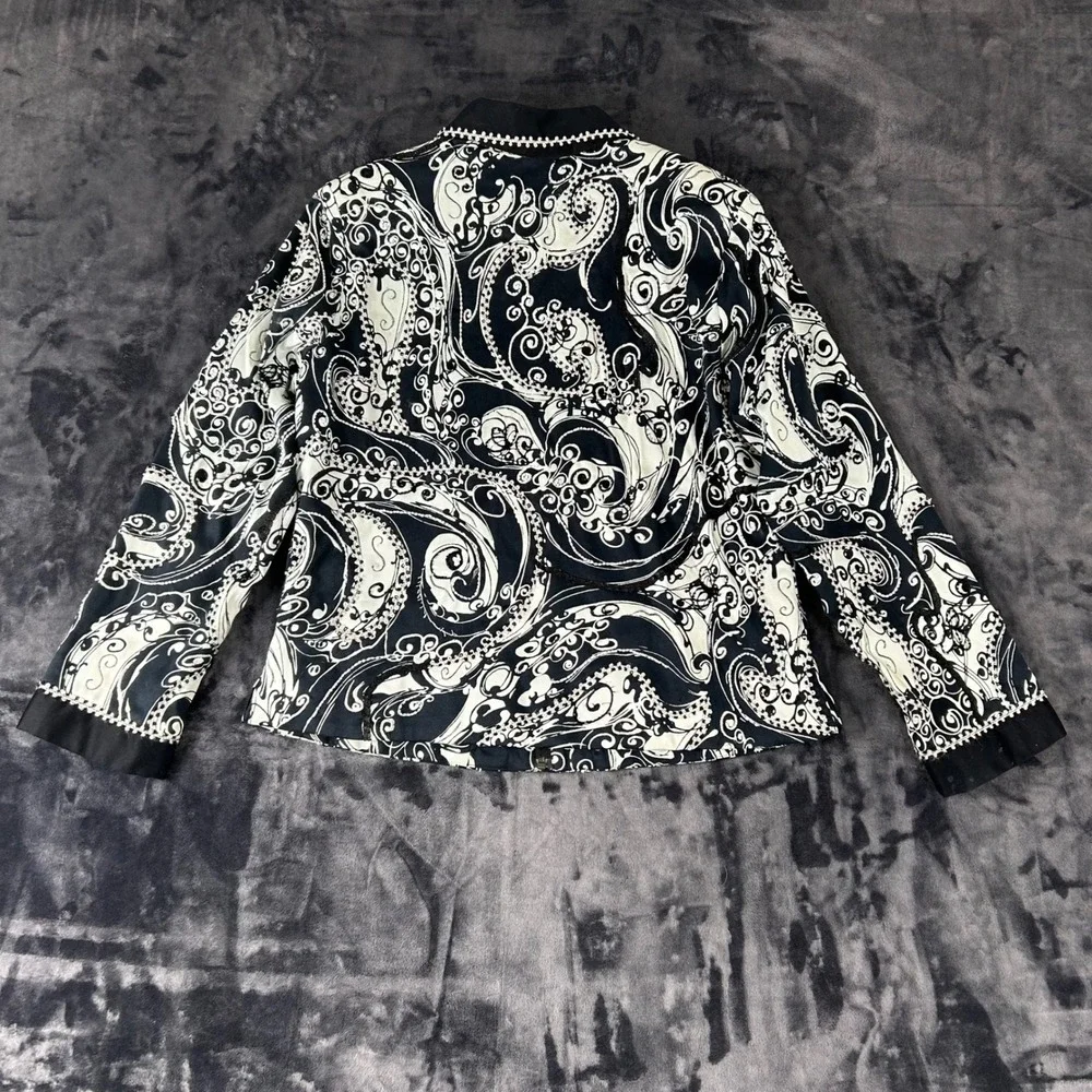 Anage Zip‎ Front Jacket Womens Large Black White Paisley Beaded Floral Lining